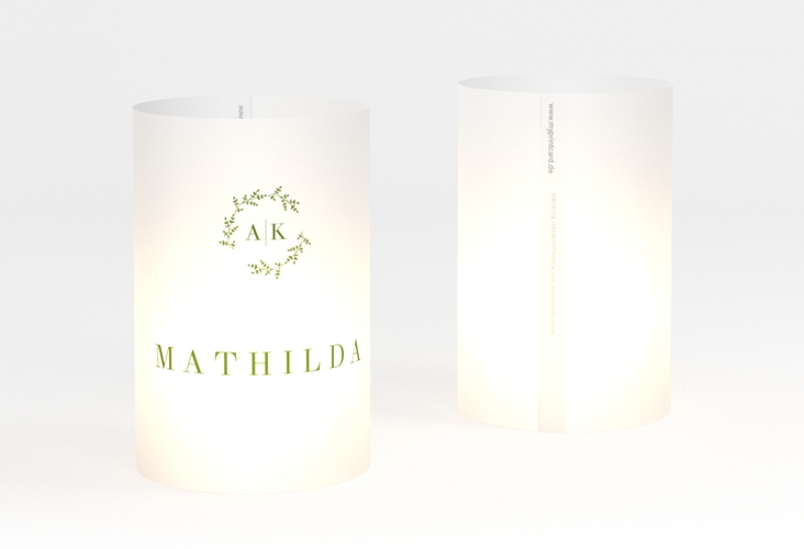 Windlicht Hochzeit Filigrana Windlicht gruen in reduziertem Design mit Initialen und zartem Blätterkranz