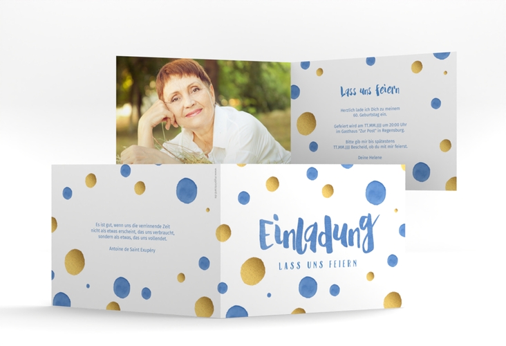 Einladung 60. Geburtstag Dots A6 Klappkarte quer blau hochglanz