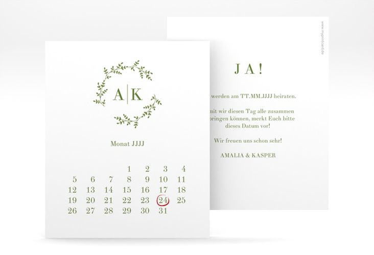 Save the Date-Kalenderblatt Filigrana Kalenderblatt-Karte gruen hochglanz in reduziertem Design mit Initialen und zartem Blätterkranz