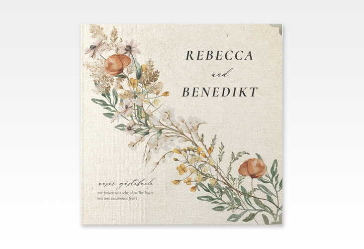 Gästebuch Selection Hochzeit Wildfang Leinen-Hardcover beige mit getrockneten Wiesenblumen
