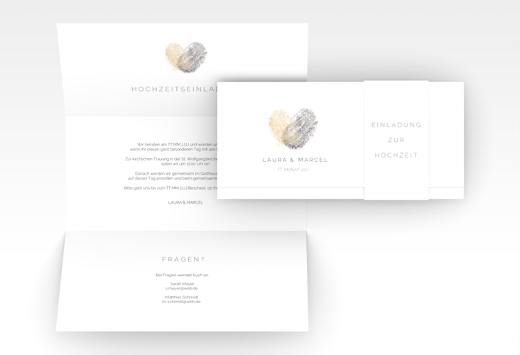 Hochzeitseinladung Fingerprint Wickelfalzkarte + Banderole beige hochglanz schlicht mit Fingerabdruck-Motiv