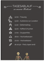 Klick: Details zu Tagesablauf Leinwand Hochzeit "Bones" anzeigen Tagesablauf Leinwand Hochzeit Bones 50 x 70 cm Leinwand schwarz mit Skelett-Ehepaar im Cartoon-Stil