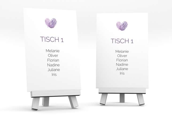 Tischaufsteller Hochzeit Fingerprint Tischaufsteller lila schlicht mit Fingerabdruck-Motiv