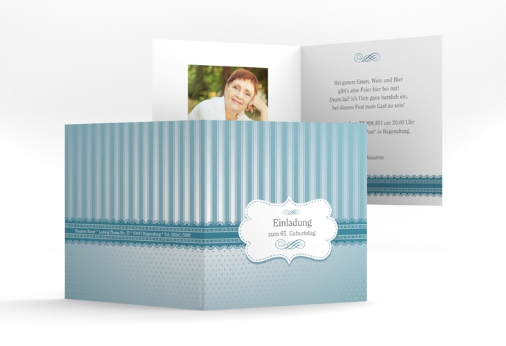 Einladung Geburtstag Heinrich/Henriette quadr. Klappkarte blau mit frechen Polka Dots