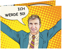 Einladung 50. Geburtstag Popart Man A6 Klappkarte quer gelb
