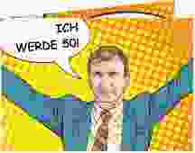 Einladung 50. Geburtstag Popart Man A6 Klappkarte quer gelb