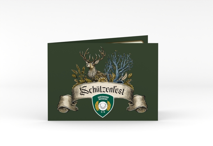 Partyeinladung Schützenfest A6 Klappkarte quer gruen mit Hirsch und Vereins-Logo