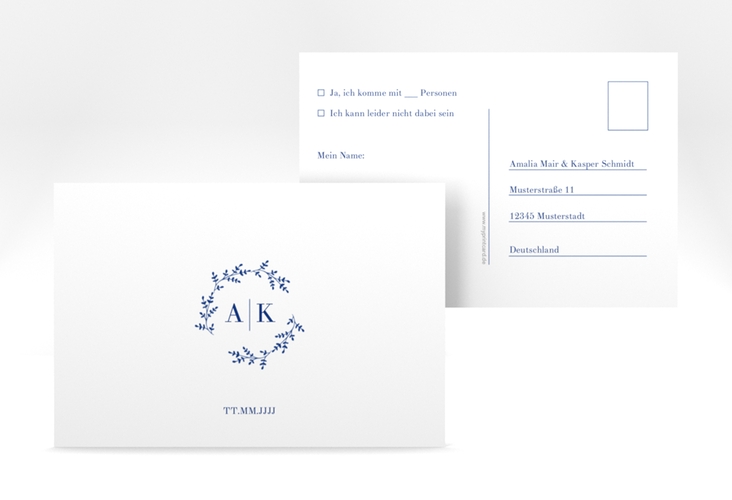 Antwortkarte Hochzeit Filigrana A6 Postkarte blau in reduziertem Design mit Initialen und zartem Blätterkranz