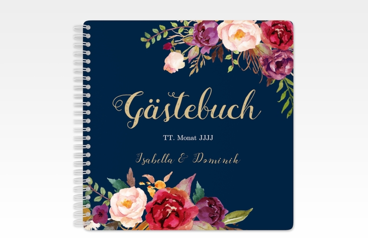 Gästebuch Hochzeit Flowers Ringbindung blau mit bunten Aquarell-Blumen