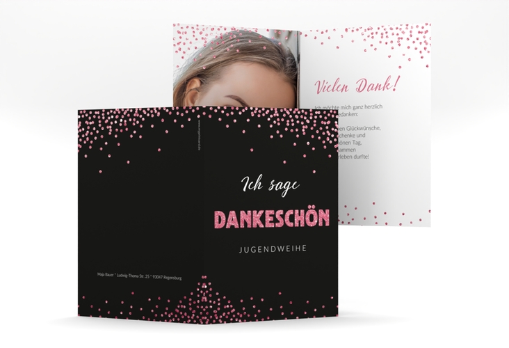 Danksagung Jugendweihe Glimmer A6 Klappkarte hoch pink