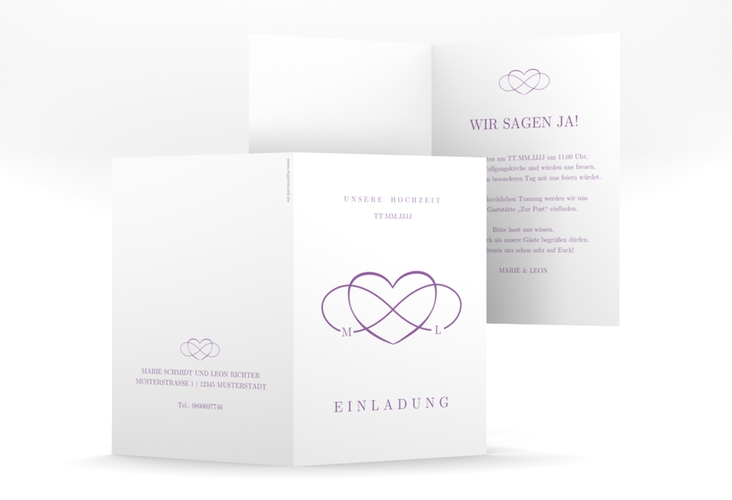 Einladungskarte Hochzeit Infinity A6 Klappkarte hoch lila hochglanz