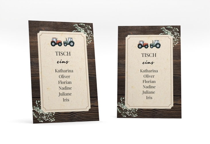 Tischaufsteller Hochzeit Bauernhochzeit Tischaufsteller braun in rustikaler Holz-Optik mit Schleierkraut und zwei kleinen Traktoren