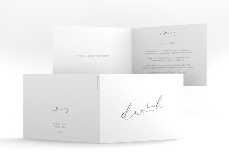 Hochzeitseinladung Zweisamkeit A6 Klappkarte quer weiss hochglanz im minimalistischen Stil mit Aufschrift du & ich
