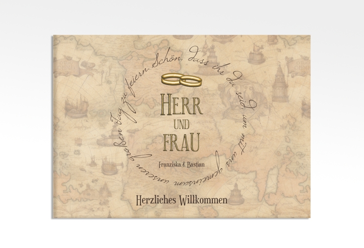 Willkommensschild Leinwand Zwei Ringe 70 x 50 cm Leinwand mit Eheringen und Fantasy-Landkarte