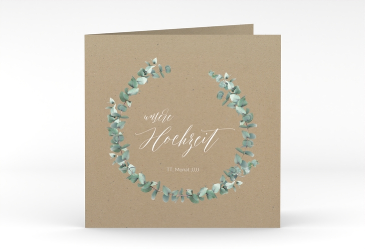 Hochzeitseinladung Silverleaf quadr. Klappkarte Kraftpapier hochglanz mit Eukalyptus-Zweig