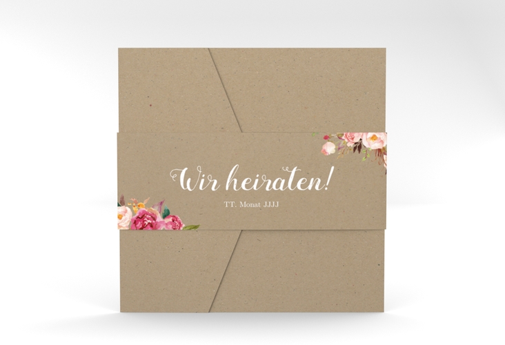 Hochzeitseinladung Flowers Pocketfold Kraftpapier mit bunten Aquarell-Blumen