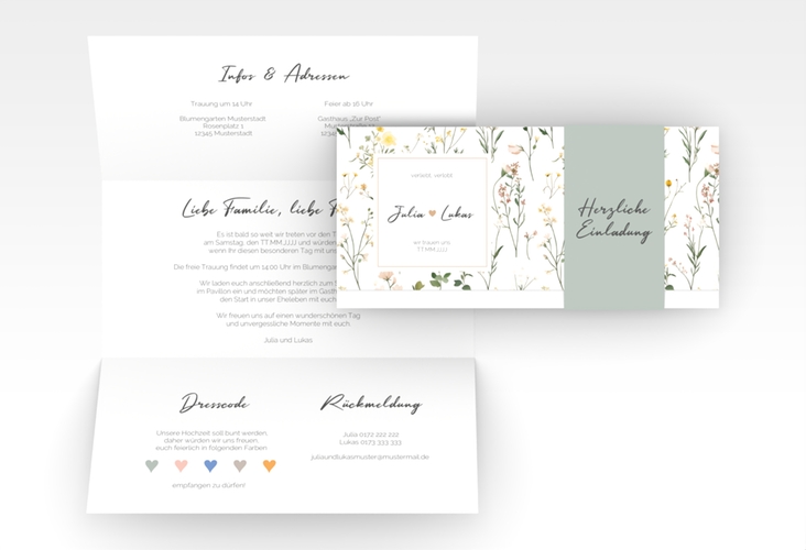 Hochzeitseinladung Blumenwiese Wickelfalzkarte + Banderole