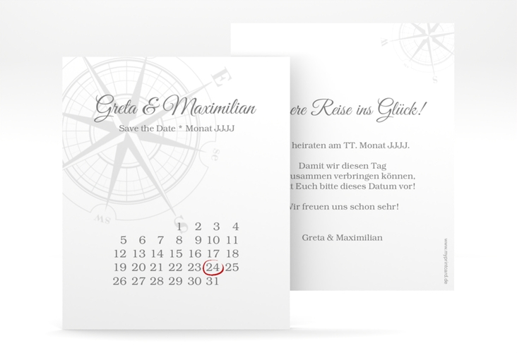 Save the Date-Kalenderblatt Windrose Kalenderblatt-Karte grau hochglanz