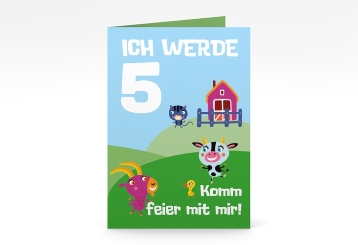 Einladungskarte Kindergeburtstag Bauernhof A6 Klappkarte hoch mit Tieren von der Farm
