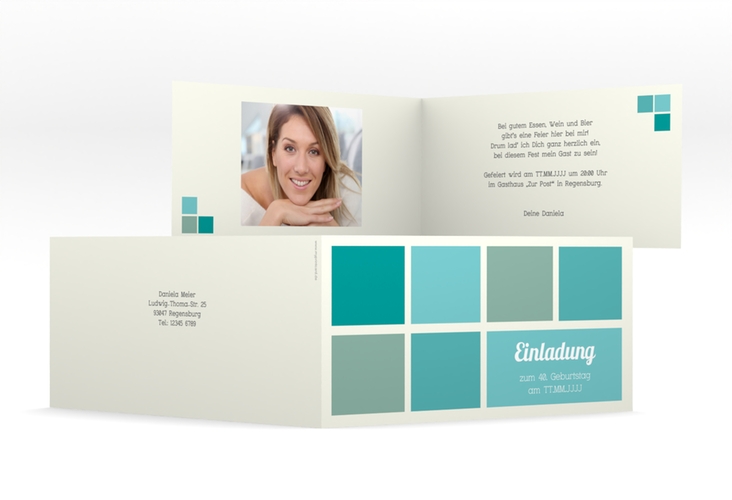 Einladung 40. Geburtstag Daniel/Daniela lange Klappkarte quer tuerkis in Retro-Farben