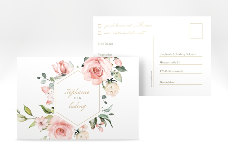 Antwortkarte Graceful A6 Postkarte weiss mit Rosenblüten in Rosa und Weiß