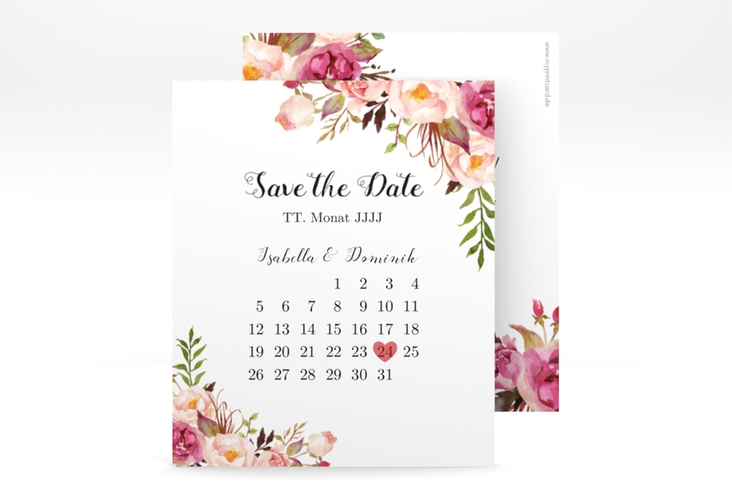 Save the Date-Kalenderblatt Flowers Kalenderblatt-Karte weiss mit bunten Aquarell-Blumen
