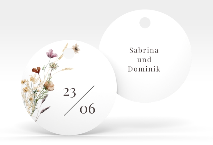 Geschenkanhänger Hochzeit Sauvages Geschenkanhänger, rund mit getrockneten Wiesenblumen