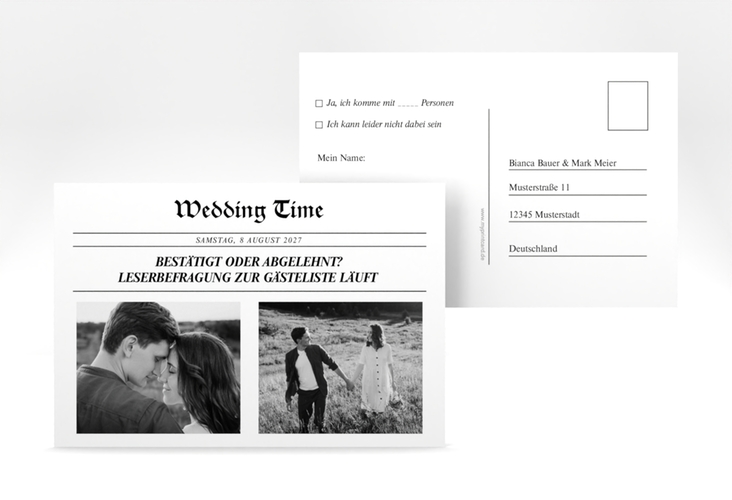 Antwortkarte Hochzeit Wedding Time A6 Postkarte im Stil einer Zeitung