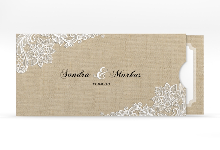 Hochzeitseinladung Lace Einsteckkarte beige hochglanz in Leinen-Optik mit weißer Spitze