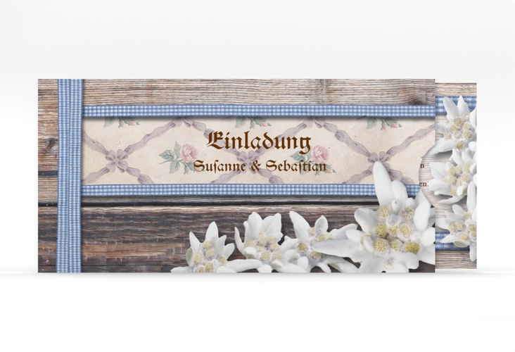 Einladungskarte Hochzeit Bayern Einsteckkarte blau mit Edelweiß in rustikaler Holz-Optik