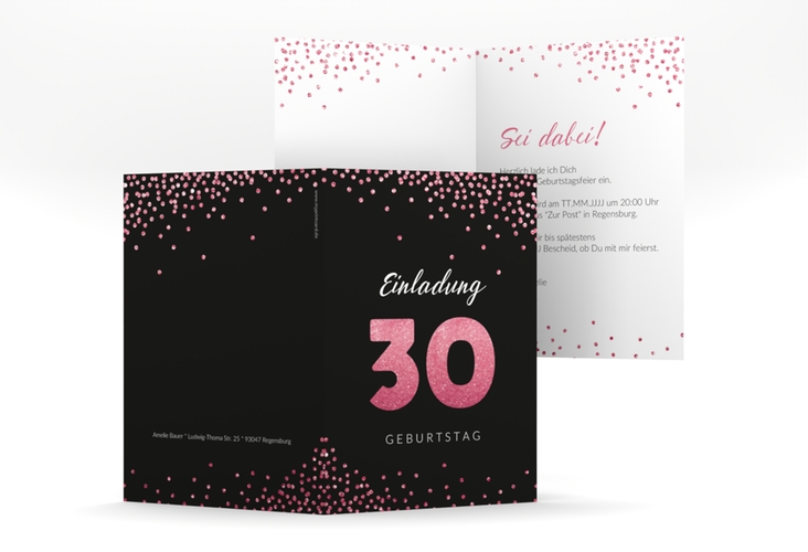 Einladung 30. Geburtstag Glitzer A6 Klappkarte hoch pink hochglanz