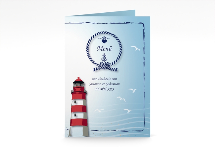 Menükarte Hochzeit Sylt A5 Klappkarte hoch blau hochglanz mit Leuchtturm
