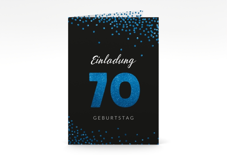 Einladung 70. Geburtstag Glitzer A6 Klappkarte hoch blau