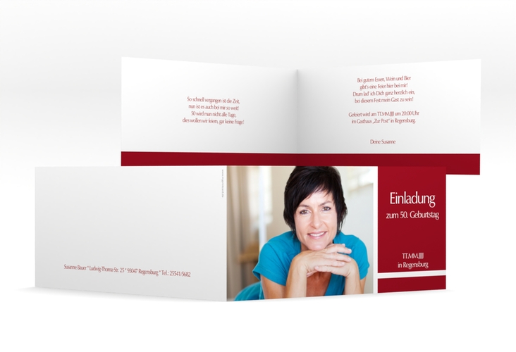Einladung 50. Geburtstag Gerd/Gerda lange Klappkarte quer rot mit Foto