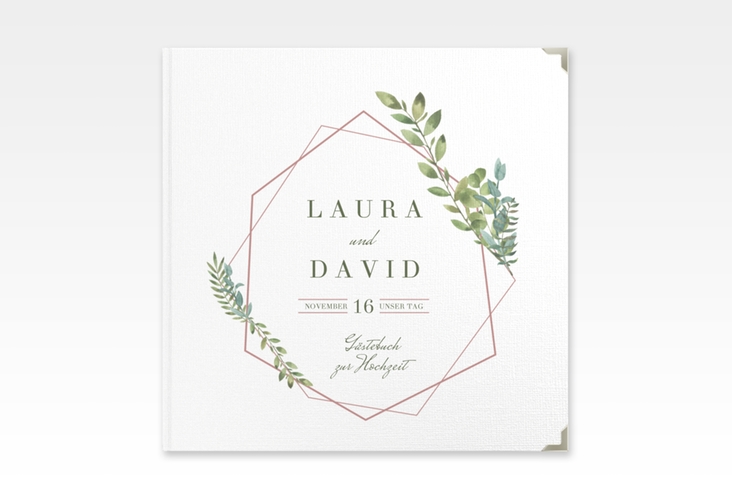 Gästebuch Selection Hochzeit Herbarium Leinen-Hardcover rosa mit geometrischem Rahmen und Blätter-Dekor
