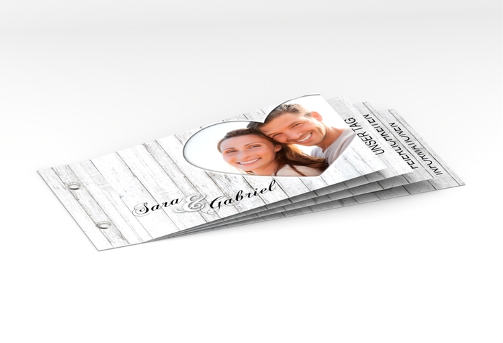 Hochzeitseinladung Herz Booklet hochglanz mit Foto auf weißem Holz