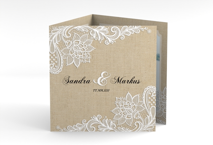Dankeskarte Hochzeit Lace quadr. Doppel-Klappkarte beige in Leinen-Optik mit weißer Spitze