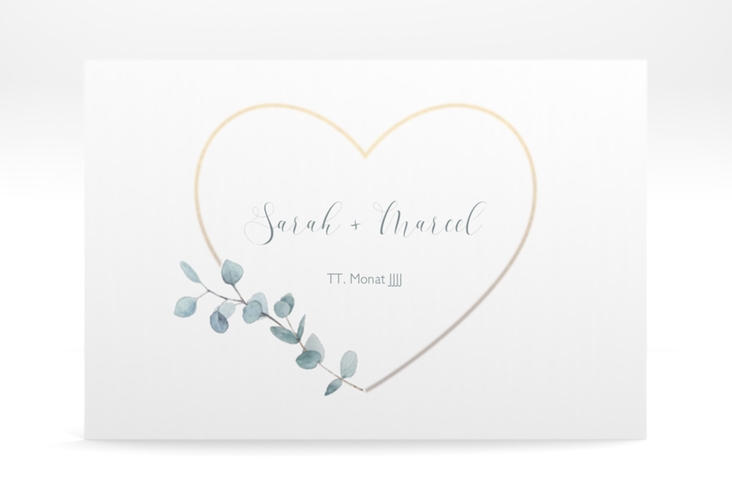 Save the Date Deckblatt Transparent Greenheart A6 Deckblatt transparent gold mit elegantem Herz und Eukalyptus-Zweig