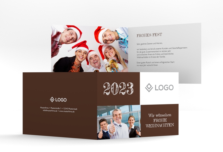 Geschäftliche Weihnachtskarte Partner A6 Klappkarte quer braun modern mit Logo Ihrer Firma