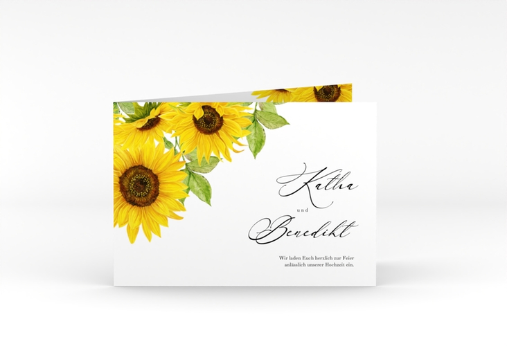 Hochzeitseinladung Sonnenblume A6 Klappkarte quer weiss