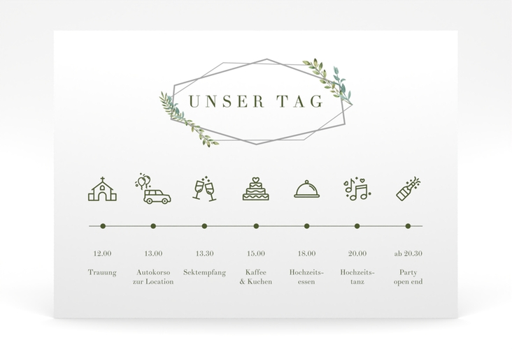 Tagesablauf Poster Hochzeit Herbarium 70 x 50 cm Poster grau mit geometrischem Rahmen und Blätter-Dekor