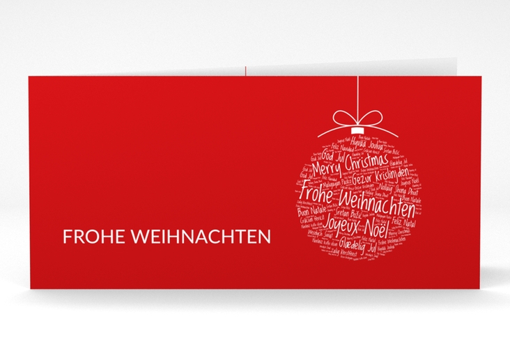 Geschäftliche Weihnachtskarte Wunderkugel lange Klappkarte quer rot hochglanz schlicht mit Weihnachtskugel