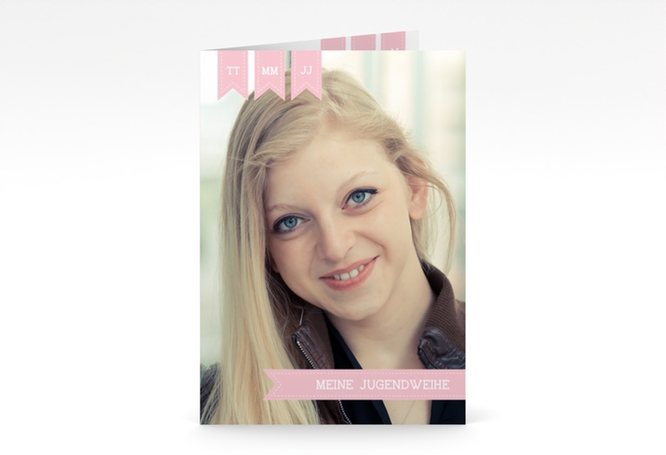 Einladung Jugendweihe Youthful A6 Klappkarte hoch rosa hochglanz mit eigenem Foto