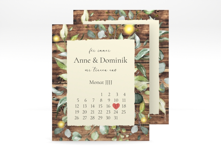 Save the Date-Kalenderblatt Greenwood Kalenderblatt-Karte im Greenery-Design mit Holz, Eukalyptus und Immergrün