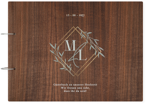 Klick: Details zu Gästebuch Holzcover Nussbaum "Greenletter" anzeigen Gästebuch Holzcover Nussbaum Greenletter Holz-Cover, bedruckt gruen mit Initialen in elegantem Goldrahmen mit Blättern