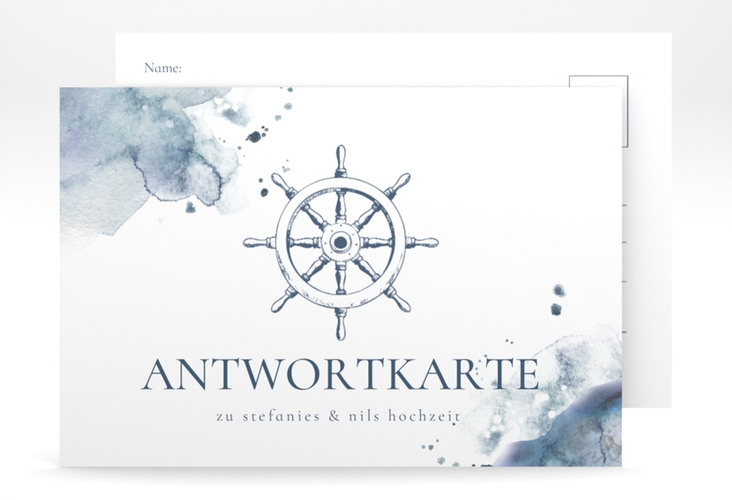 Antwortkarte Hochzeit Steuerrad A6 Postkarte blau in maritimen Blautönen