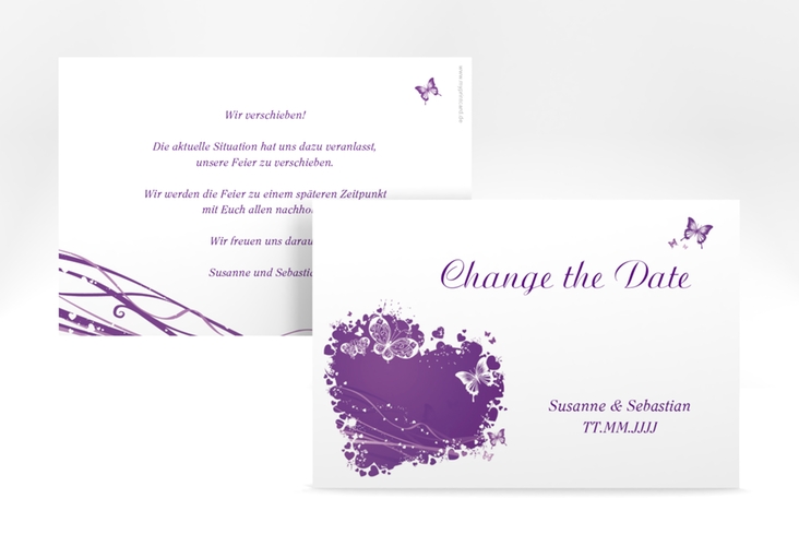Change the Date-Karte Hochzeit Mailand A6 Karte quer lila hochglanz