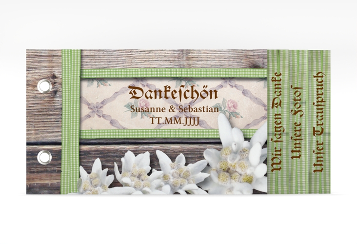 Danksagungskarte Hochzeit Bayern Booklet gruen mit Edelweiß in rustikaler Holz-Optik