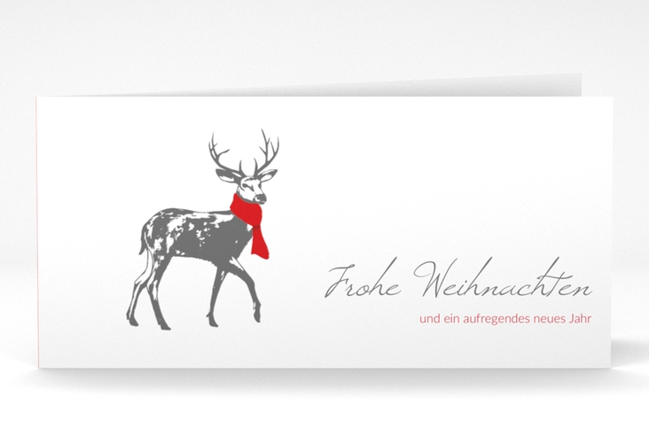 Geschäftliche Weihnachtskarte Hirsch lange Klappkarte quer rot hochglanz mit Hirsch mit Schal