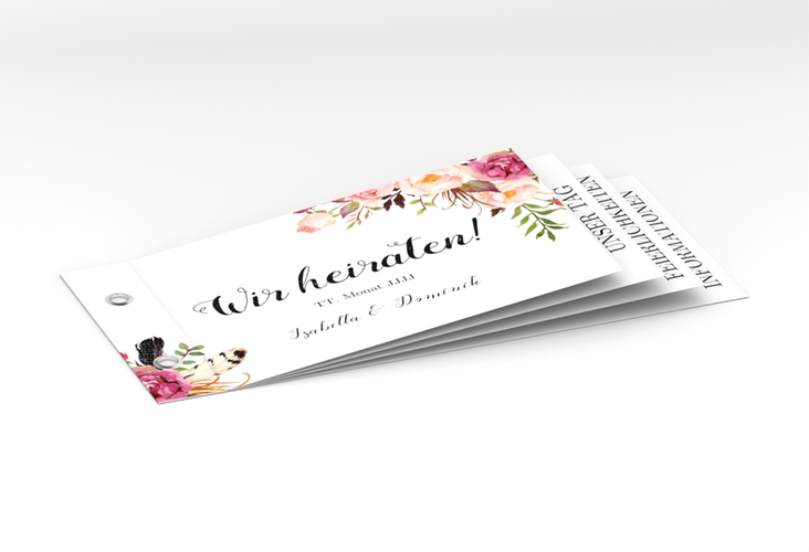 Hochzeitseinladung Flowers Booklet weiss hochglanz mit bunten Aquarell-Blumen